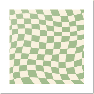 Green and Cream Distorted Warped Checkerboard Pattern I Posters and Art